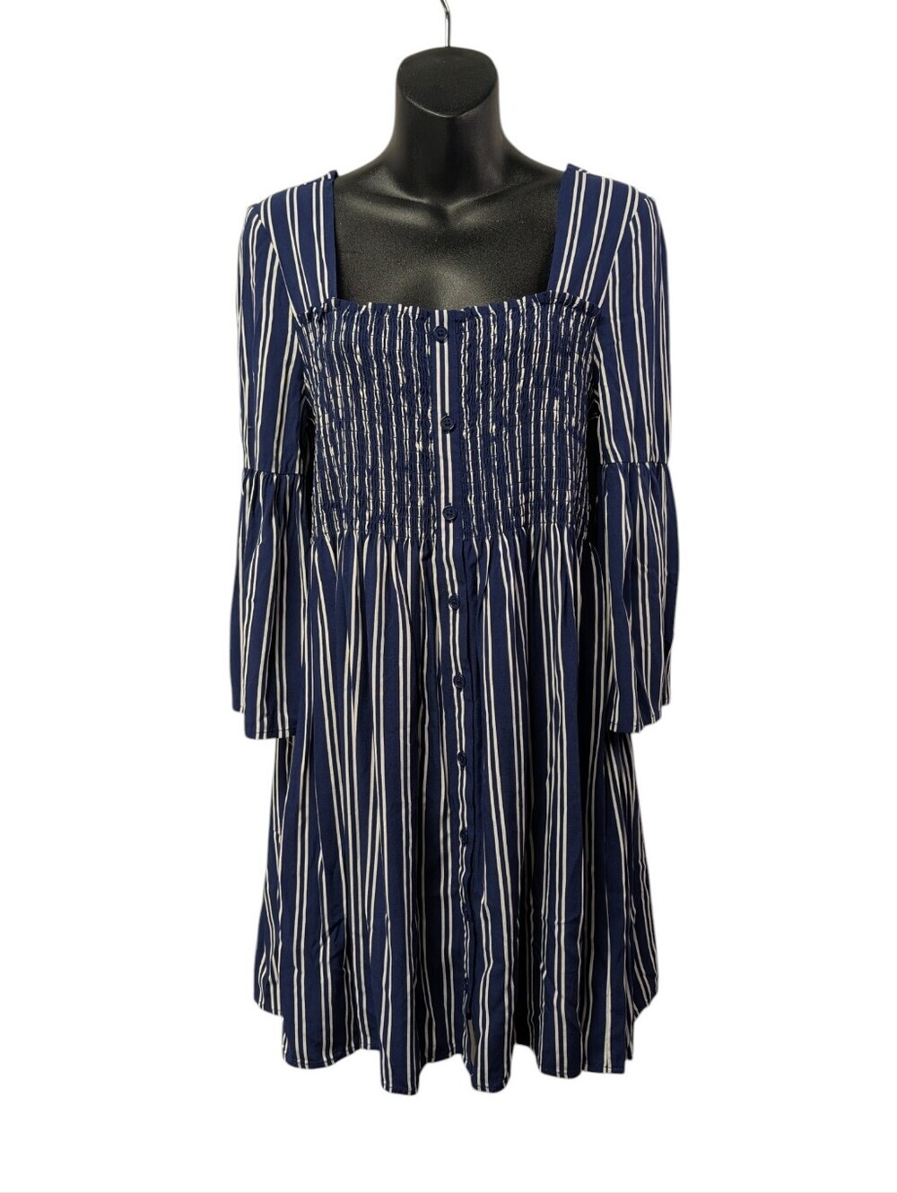 JACK by BB Dakota Navy White Striped Smocked Mini Dress Size L NWT